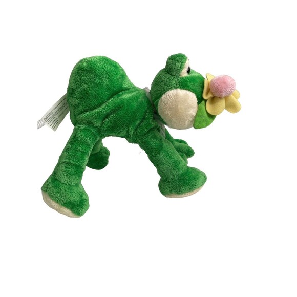 Fine Toy Frog Plush Stuffed Animal Green Holding Pink Yellow Flower Sheer Bow - Picture 5 of 15